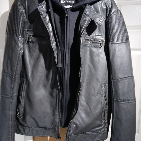 Express Men's Leather Motorcycle Jacket w/Hoodie Insert. Size L - Picture 12 of 16